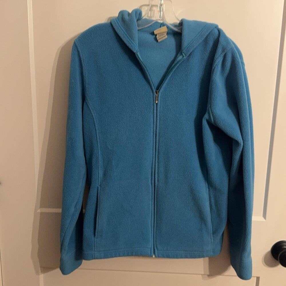 L.L. Bean Jacket Womens L Blue Fleece Full Zip Hooded Pockets Travel Casual